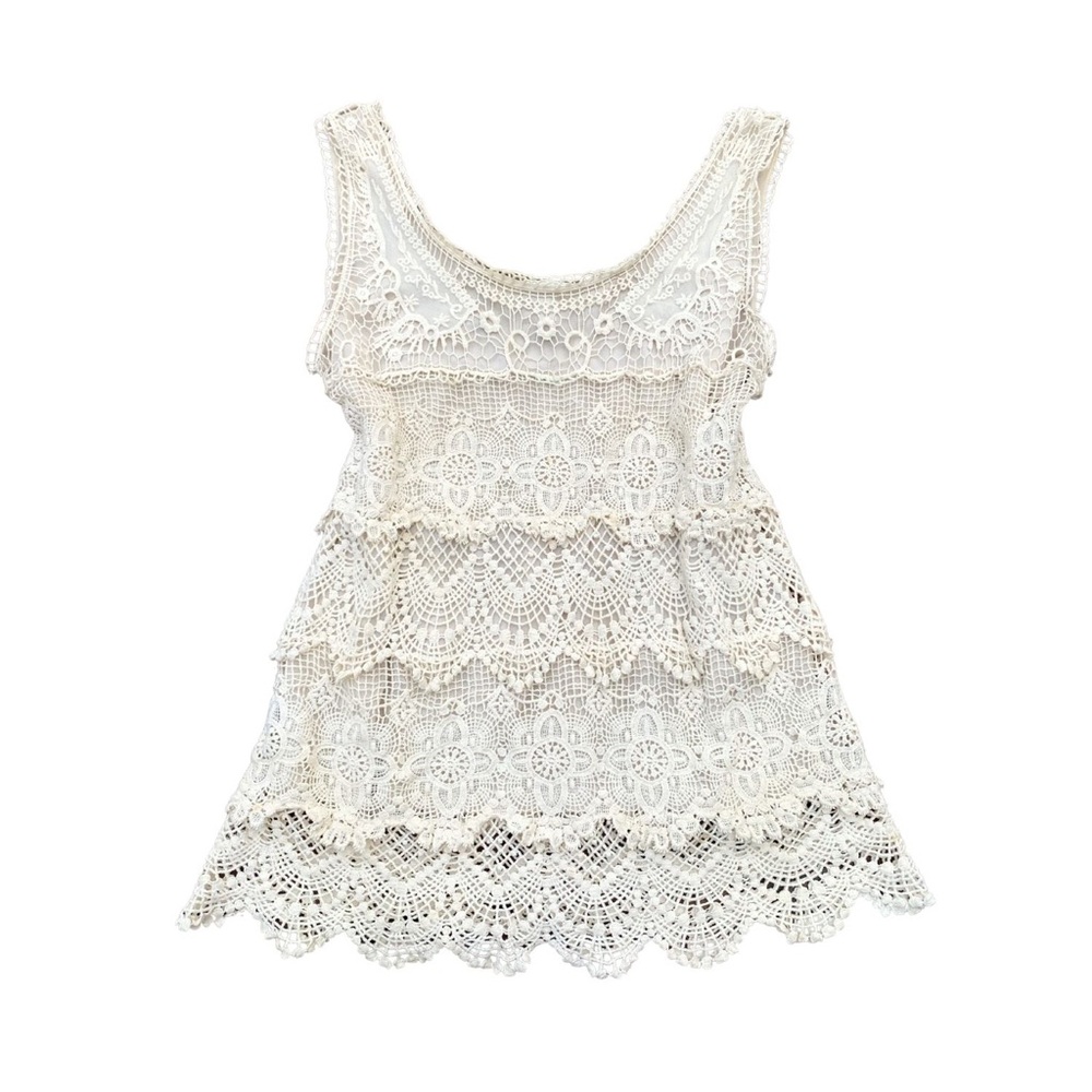 Dressbarn Large Beige White Crochet Lace Tank Top Shirt Boho Bohemian Festival